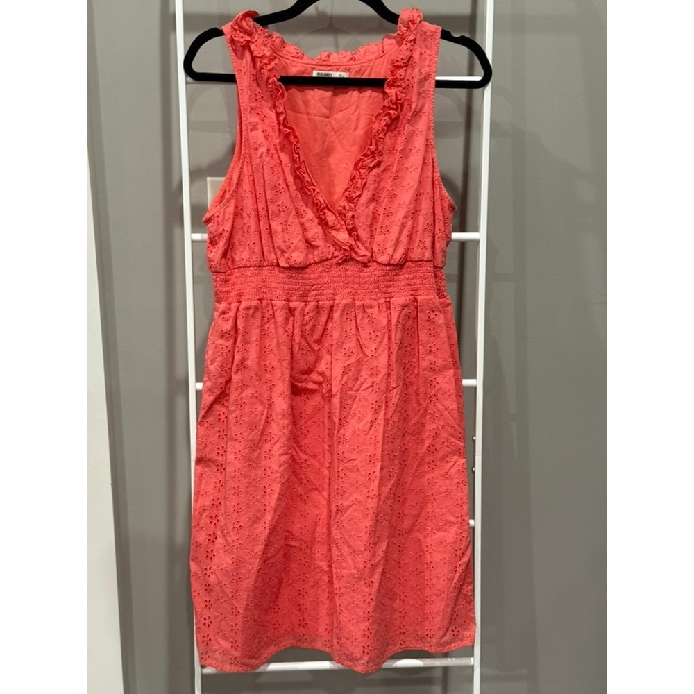 Old Navy Coral Pink Eyelet Lace Ruffle V-Neck Smocked Waist Dress Large Boho Y2K